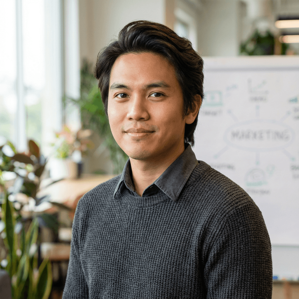 Male small business owner in his mid 30s, East Asian, in a casual work setting