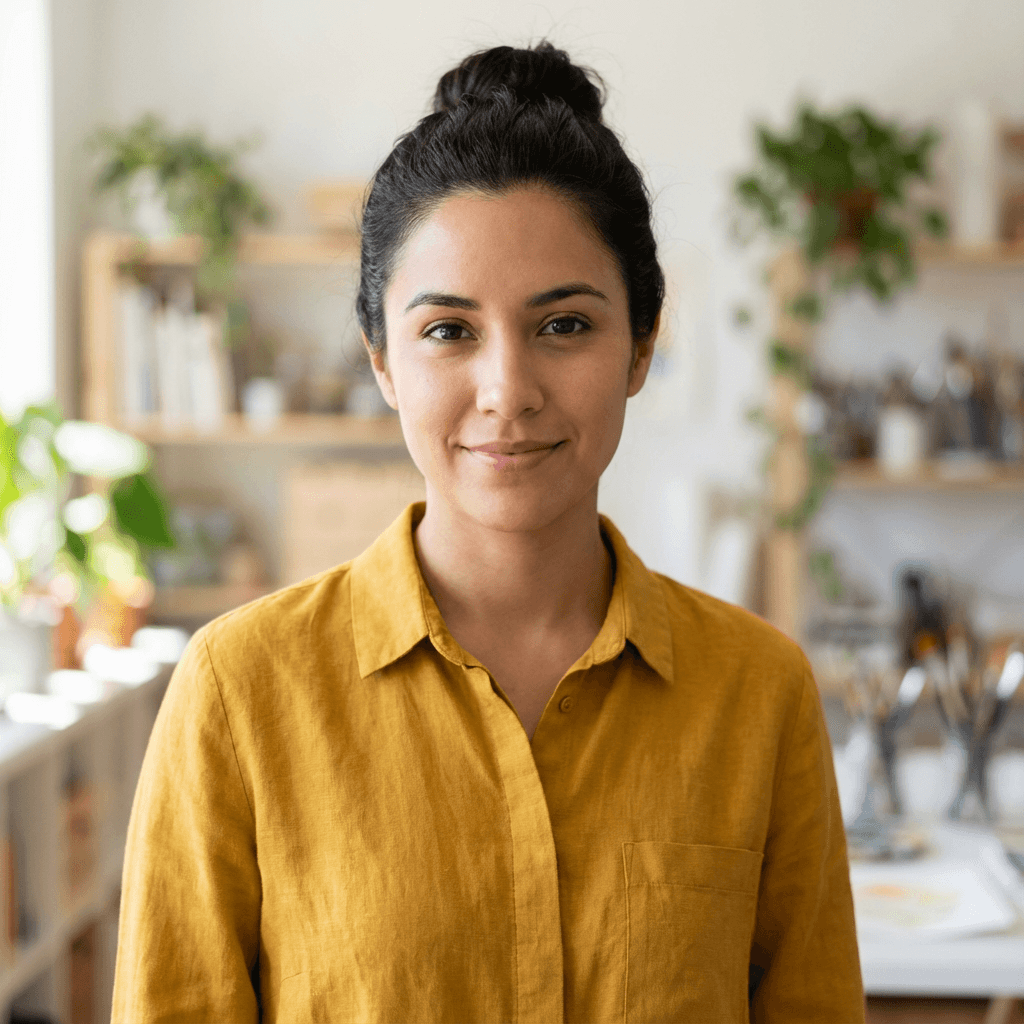 Female graphic designer in her mid 30s working at a desk
