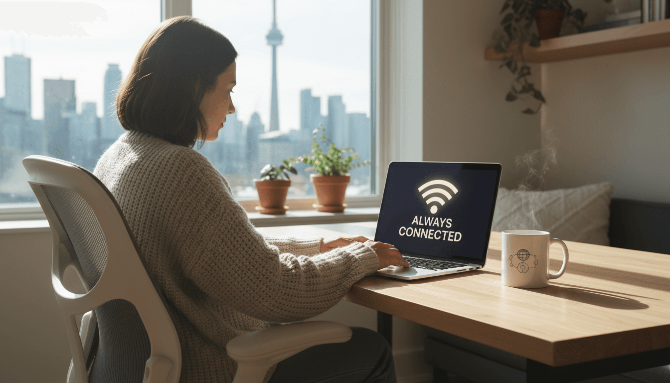 Person working on a laptop in a bright Toronto home office