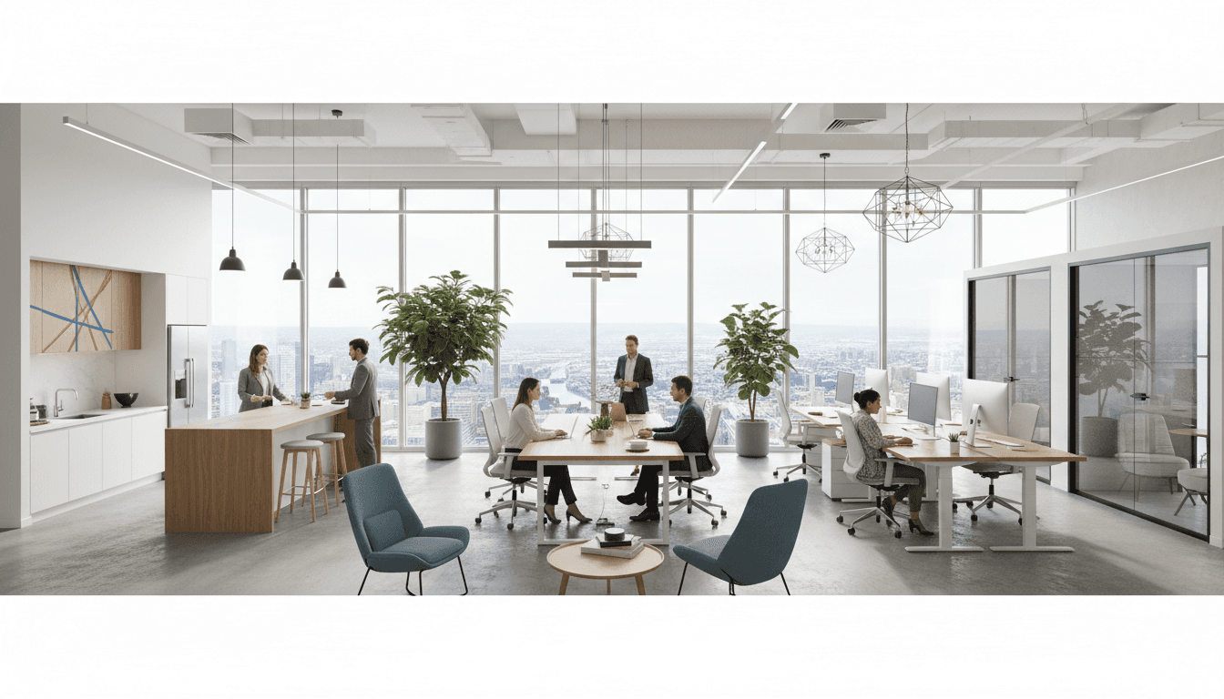 Busy office with employees working at computers during a weekday