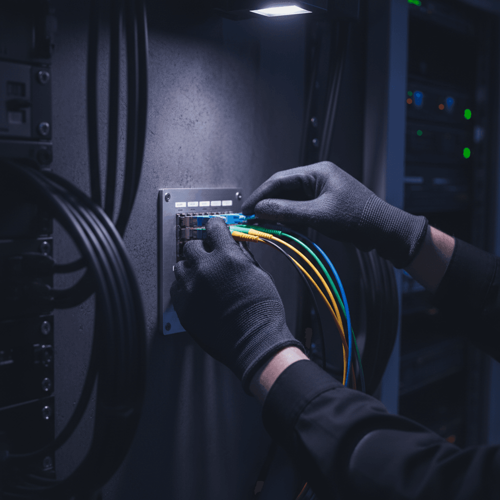 Technician connecting a network cable to a modem